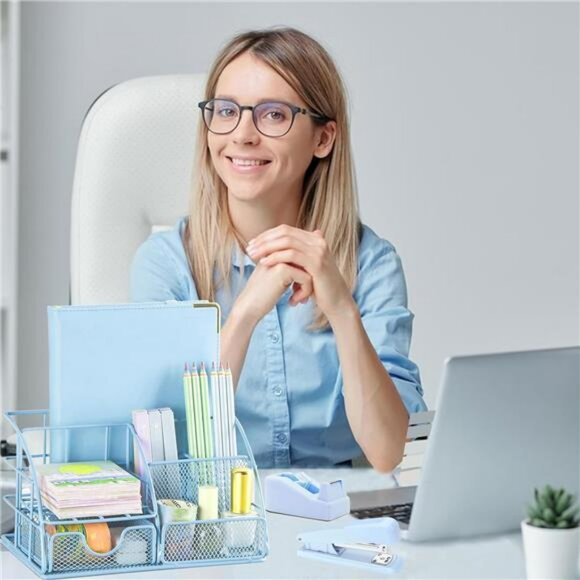 Blue desk accessories set 10 piece organizer stapler tape dispenser office suppl - Picture 2 of 7